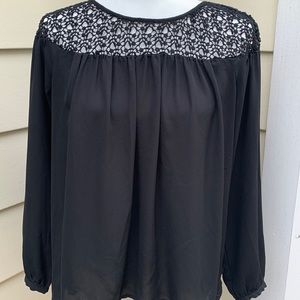Loft Black Long Sleeve Top with Lace Look Neckline